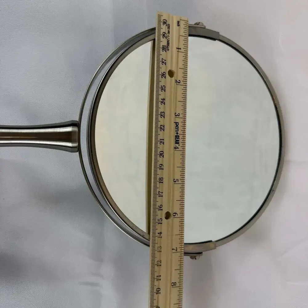 Dual-sided magnifying vanity mirror 12” Tall Chrome/silver Finish Round Base